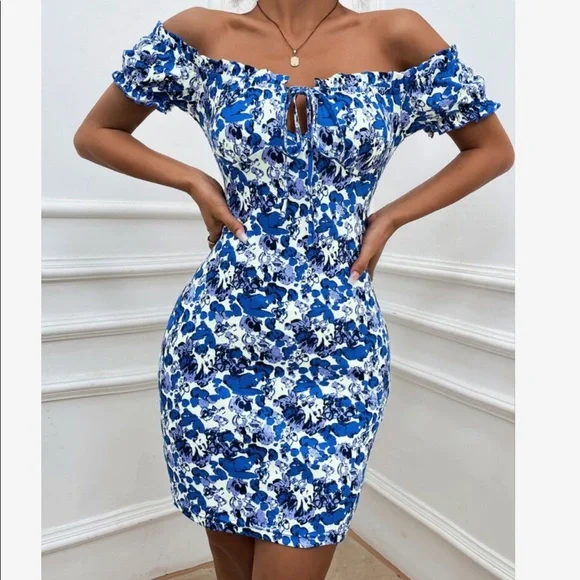 Boho Vibrant Red Floral Print Off Shoulder Bodycon Dress - Picture 8 of 8